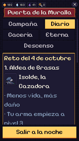 Selección de modos: campaña, reto diario, cacería, noche eterna y descenso