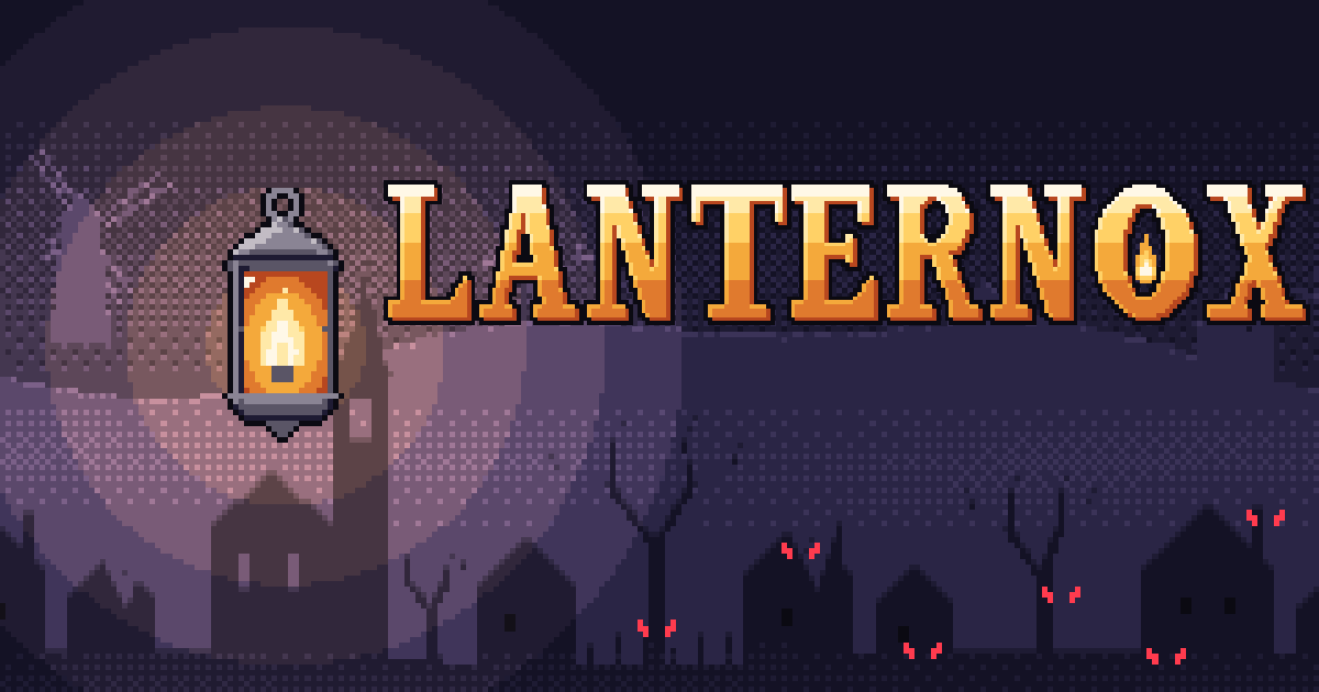 Logo de Lanternox junto a su farol sobre un pueblo en la noche